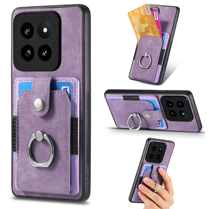 D2 For Xiaomi 14 Pro Case Ring Kickstand Leather+TPU Card Holder Phone Cover