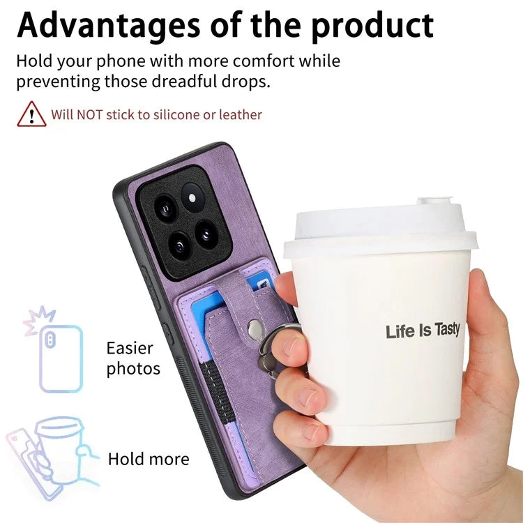 D2 For Xiaomi 14 Pro Case Ring Kickstand Leather+TPU Card Holder Phone Cover