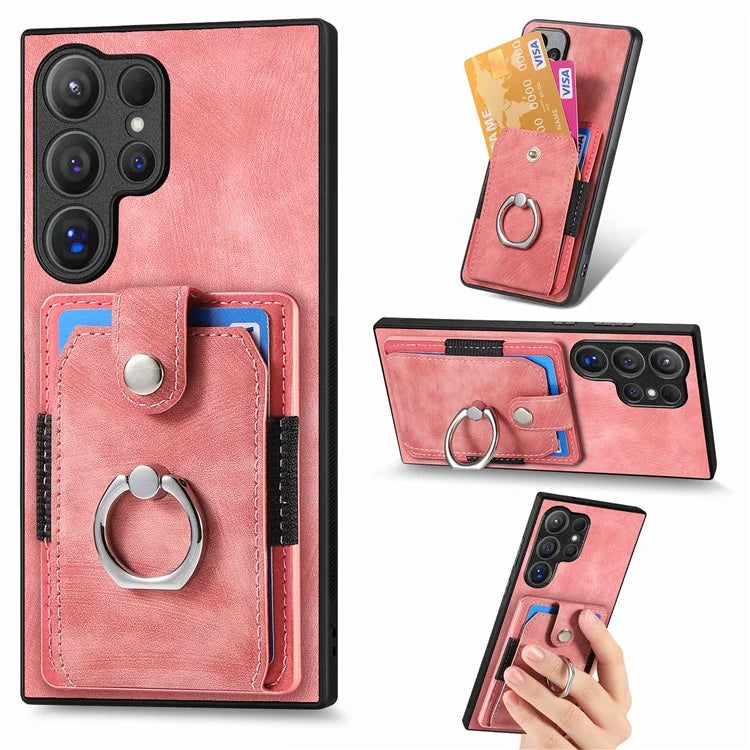 D2 For Samsung Galaxy S24 Ultra Phone Cover Slim-Fit Cell Phone Case with Card Holder, Ring Kickstand
