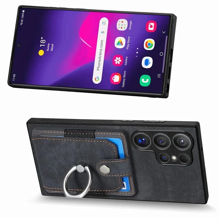 D2 For Samsung Galaxy S24 Ultra Phone Cover Slim-Fit Cell Phone Case with Card Holder, Ring Kickstand