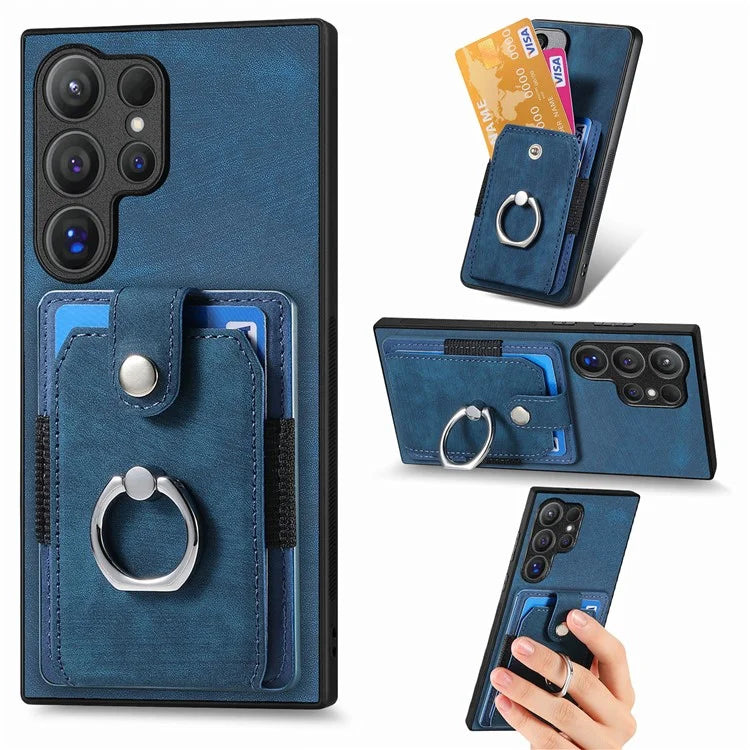 D2 For Samsung Galaxy S24 Ultra Phone Cover Slim-Fit Cell Phone Case with Card Holder, Ring Kickstand