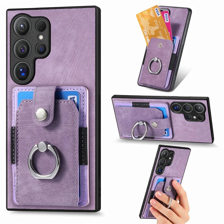 D2 For Samsung Galaxy S24 Ultra Phone Cover Slim-Fit Cell Phone Case with Card Holder, Ring Kickstand