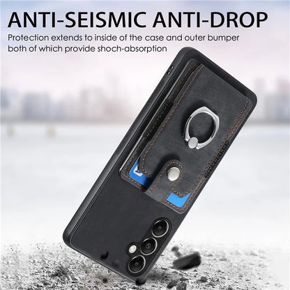 D2 For Samsung Galaxy S23 FE Mobile Phone Case PU Leather+TPU Cover with Ring Holder+Card Holder