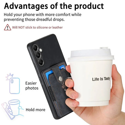 D2 For Samsung Galaxy S23 FE Mobile Phone Case PU Leather+TPU Cover with Ring Holder+Card Holder