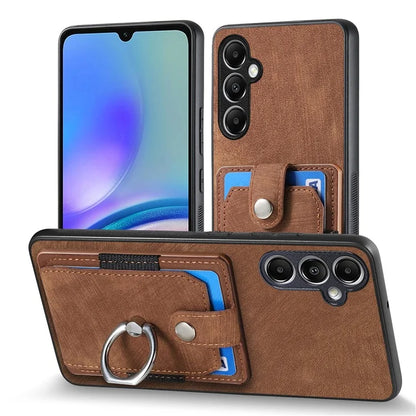 D2 For Samsung Galaxy S23 FE Mobile Phone Case PU Leather+TPU Cover with Ring Holder+Card Holder
