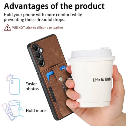 D2 For Samsung Galaxy S23 FE Mobile Phone Case PU Leather+TPU Cover with Ring Holder+Card Holder