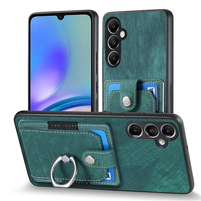 D2 For Samsung Galaxy S23 FE Mobile Phone Case PU Leather+TPU Cover with Ring Holder+Card Holder