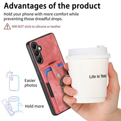 D2 For Samsung Galaxy S23 FE Mobile Phone Case PU Leather+TPU Cover with Ring Holder+Card Holder