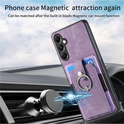 D2 For Samsung Galaxy S23 FE Mobile Phone Case PU Leather+TPU Cover with Ring Holder+Card Holder