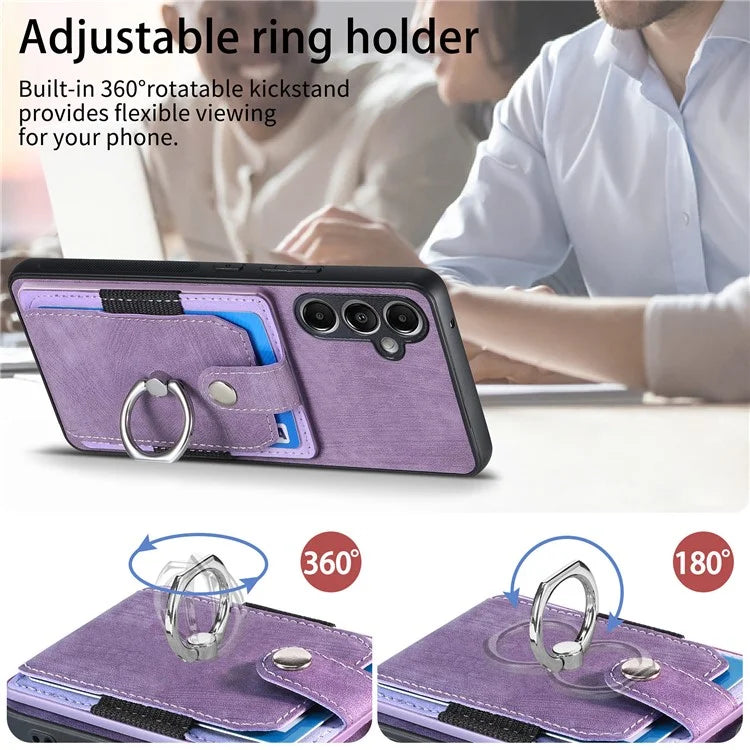 D2 For Samsung Galaxy S23 FE Mobile Phone Case PU Leather+TPU Cover with Ring Holder+Card Holder