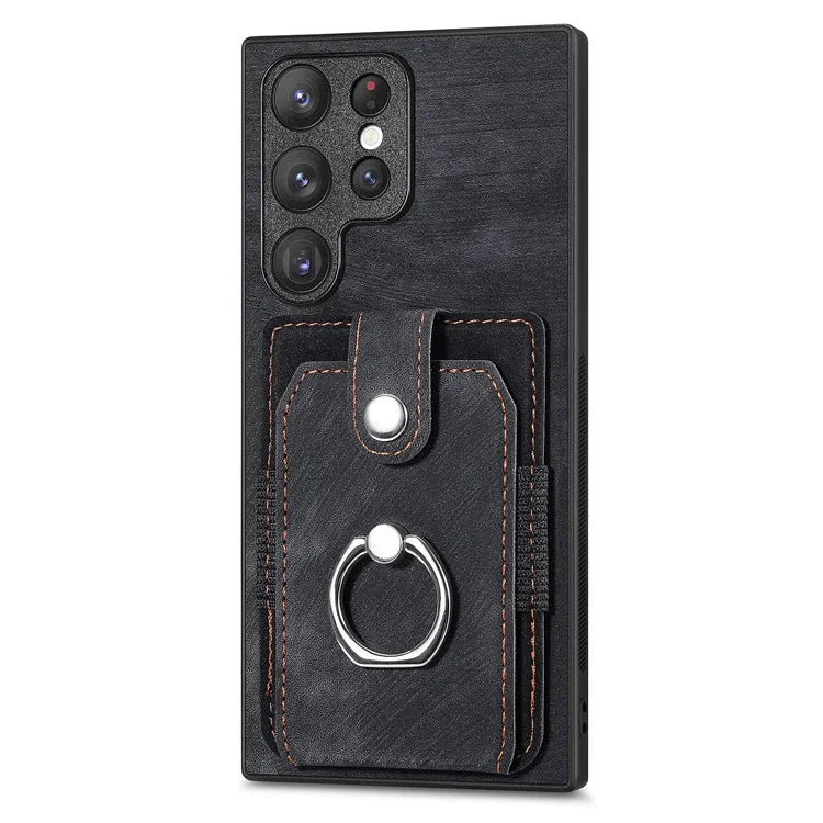 D2 For Samsung Galaxy S23 Ultra Elastic Card Holder Ring Kickstand Leather+TPU Phone Cover