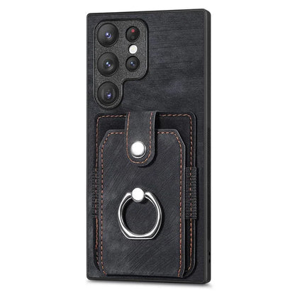 D2 For Samsung Galaxy S23 Ultra Elastic Card Holder Ring Kickstand Leather+TPU Phone Cover