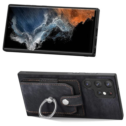 D2 For Samsung Galaxy S23 Ultra Elastic Card Holder Ring Kickstand Leather+TPU Phone Cover