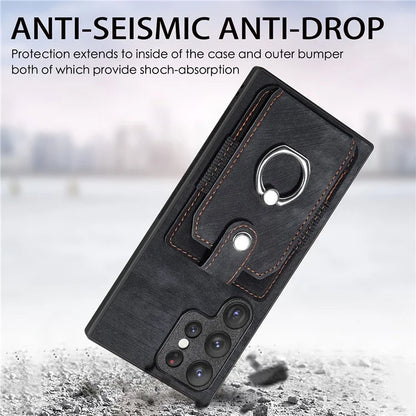 D2 For Samsung Galaxy S23 Ultra Elastic Card Holder Ring Kickstand Leather+TPU Phone Cover
