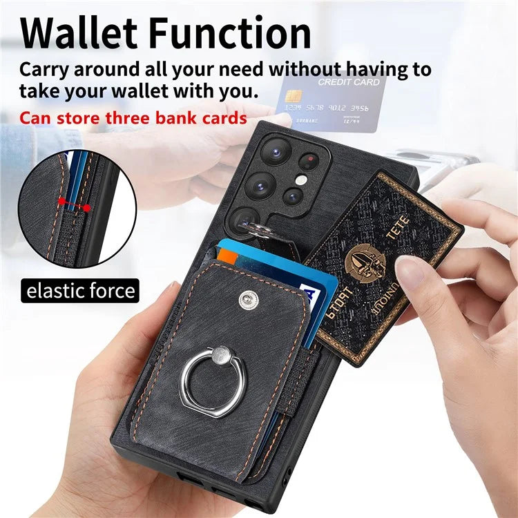D2 For Samsung Galaxy S23 Ultra Elastic Card Holder Ring Kickstand Leather+TPU Phone Cover