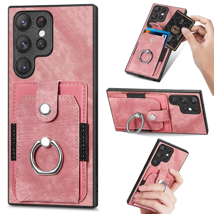 D2 For Samsung Galaxy S23 Ultra Elastic Card Holder Ring Kickstand Leather+TPU Phone Cover