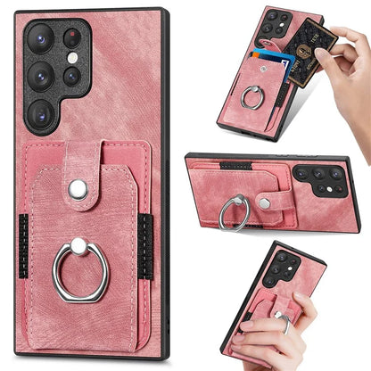 D2 For Samsung Galaxy S23 Ultra Elastic Card Holder Ring Kickstand Leather+TPU Phone Cover