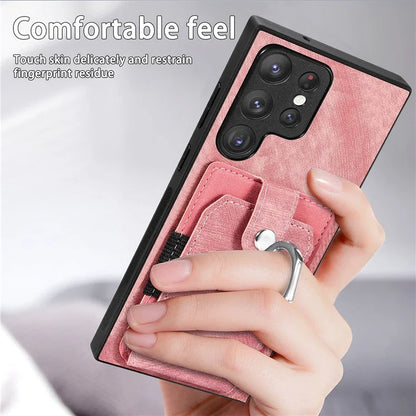 D2 For Samsung Galaxy S23 Ultra Elastic Card Holder Ring Kickstand Leather+TPU Phone Cover