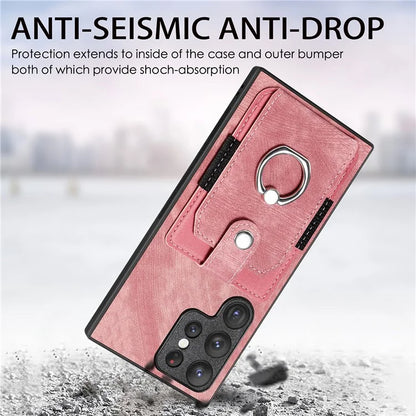 D2 For Samsung Galaxy S23 Ultra Elastic Card Holder Ring Kickstand Leather+TPU Phone Cover