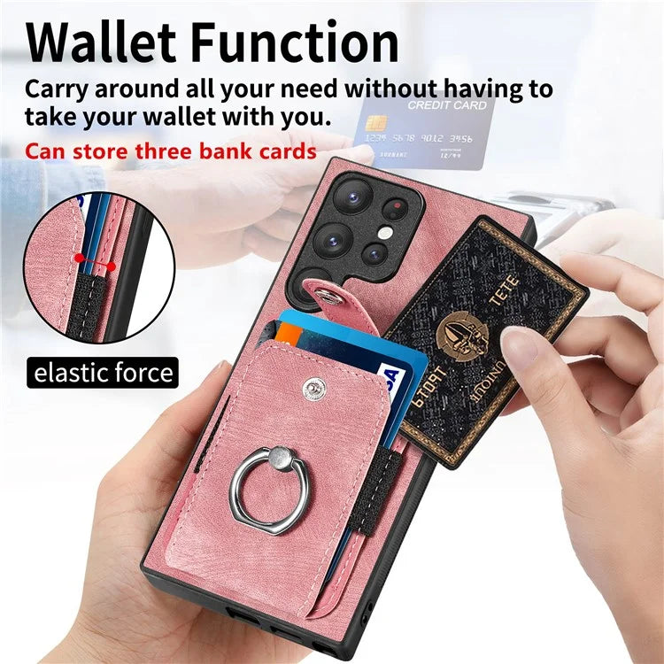 D2 For Samsung Galaxy S23 Ultra Elastic Card Holder Ring Kickstand Leather+TPU Phone Cover