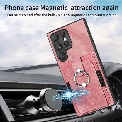 D2 For Samsung Galaxy S23 Ultra Elastic Card Holder Ring Kickstand Leather+TPU Phone Cover