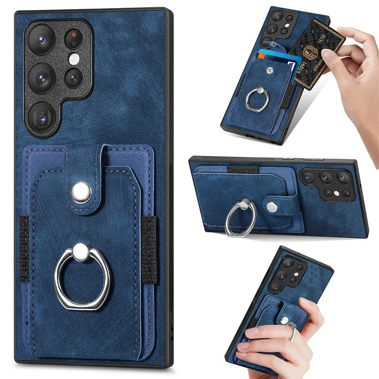 D2 For Samsung Galaxy S23 Ultra Elastic Card Holder Ring Kickstand Leather+TPU Phone Cover