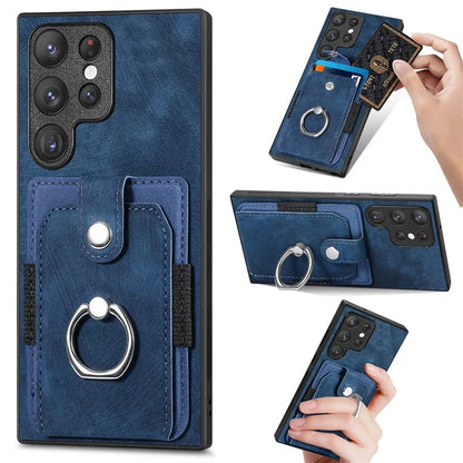 D2 For Samsung Galaxy S23 Ultra Elastic Card Holder Ring Kickstand Leather+TPU Phone Cover