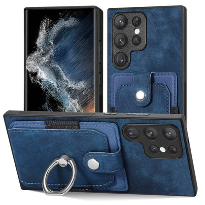 D2 For Samsung Galaxy S23 Ultra Elastic Card Holder Ring Kickstand Leather+TPU Phone Cover
