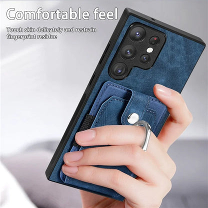 D2 For Samsung Galaxy S23 Ultra Elastic Card Holder Ring Kickstand Leather+TPU Phone Cover