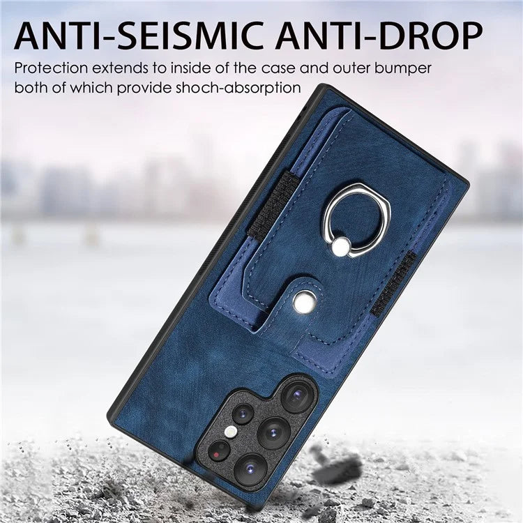 D2 For Samsung Galaxy S23 Ultra Elastic Card Holder Ring Kickstand Leather+TPU Phone Cover