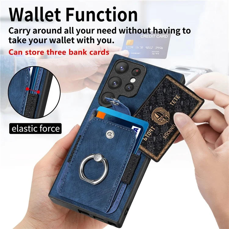 D2 For Samsung Galaxy S23 Ultra Elastic Card Holder Ring Kickstand Leather+TPU Phone Cover