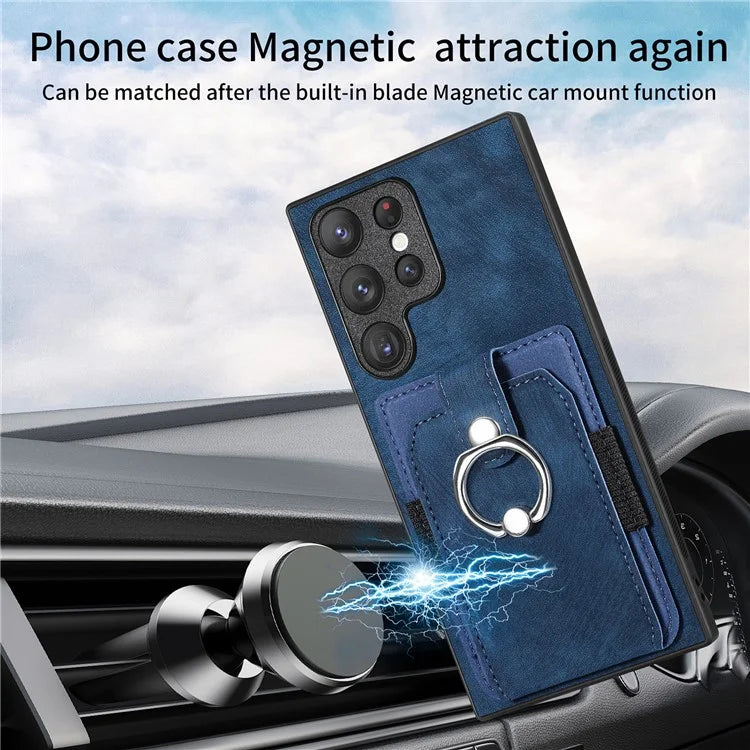 D2 For Samsung Galaxy S23 Ultra Elastic Card Holder Ring Kickstand Leather+TPU Phone Cover