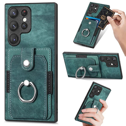 D2 For Samsung Galaxy S23 Ultra Elastic Card Holder Ring Kickstand Leather+TPU Phone Cover