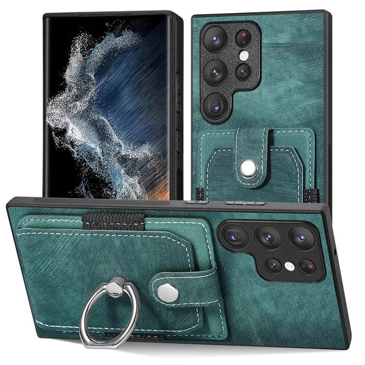D2 For Samsung Galaxy S23 Ultra Elastic Card Holder Ring Kickstand Leather+TPU Phone Cover