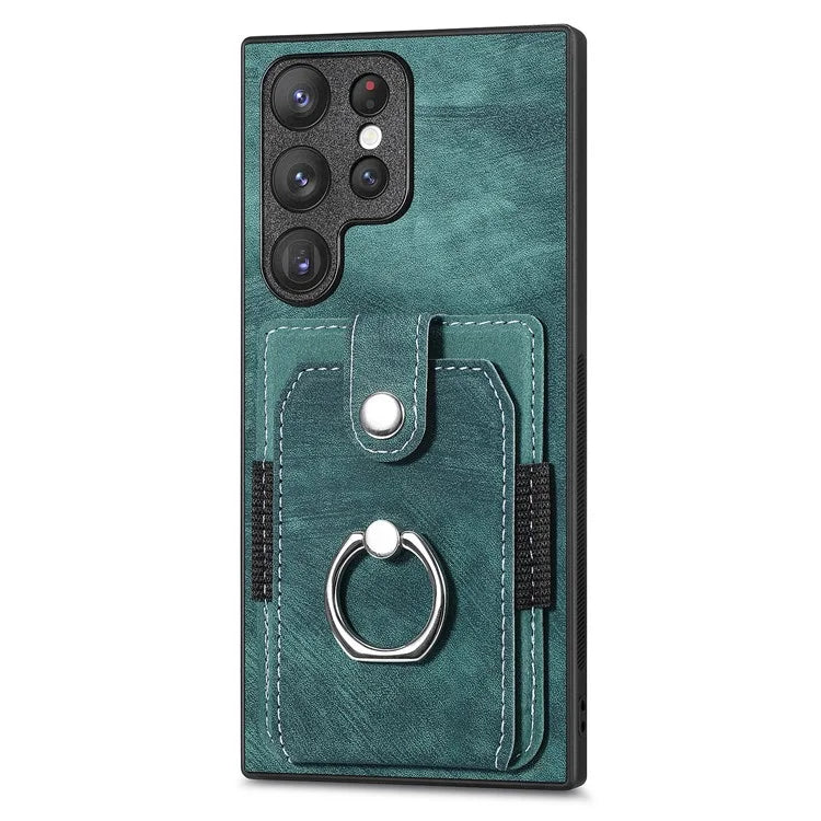 D2 For Samsung Galaxy S23 Ultra Elastic Card Holder Ring Kickstand Leather+TPU Phone Cover