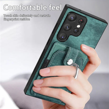 D2 For Samsung Galaxy S23 Ultra Elastic Card Holder Ring Kickstand Leather+TPU Phone Cover
