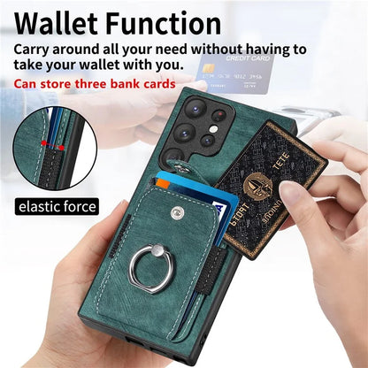 D2 For Samsung Galaxy S23 Ultra Elastic Card Holder Ring Kickstand Leather+TPU Phone Cover