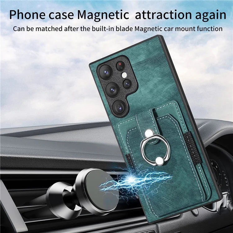 D2 For Samsung Galaxy S23 Ultra Elastic Card Holder Ring Kickstand Leather+TPU Phone Cover