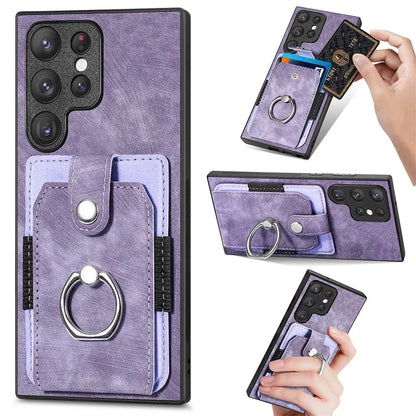 D2 For Samsung Galaxy S23 Ultra Elastic Card Holder Ring Kickstand Leather+TPU Phone Cover