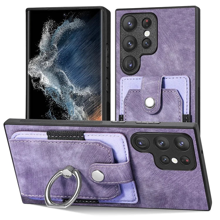 D2 For Samsung Galaxy S23 Ultra Elastic Card Holder Ring Kickstand Leather+TPU Phone Cover