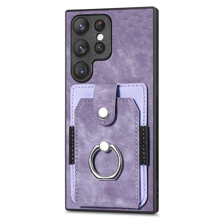 D2 For Samsung Galaxy S23 Ultra Elastic Card Holder Ring Kickstand Leather+TPU Phone Cover