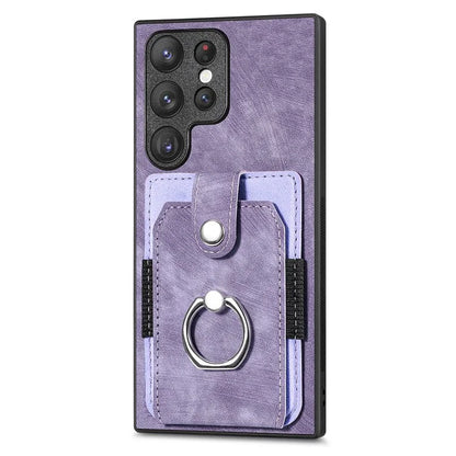 D2 For Samsung Galaxy S23 Ultra Elastic Card Holder Ring Kickstand Leather+TPU Phone Cover