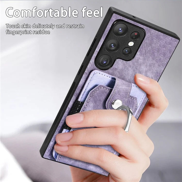 D2 For Samsung Galaxy S23 Ultra Elastic Card Holder Ring Kickstand Leather+TPU Phone Cover
