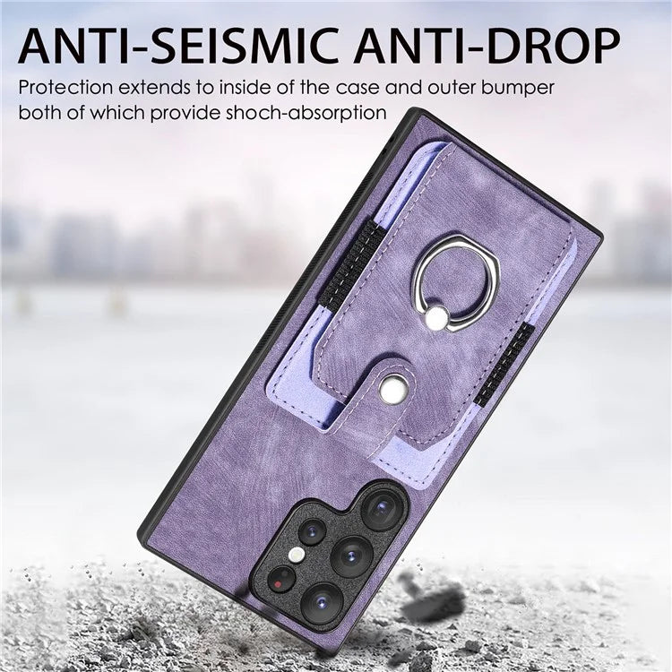 D2 For Samsung Galaxy S23 Ultra Elastic Card Holder Ring Kickstand Leather+TPU Phone Cover
