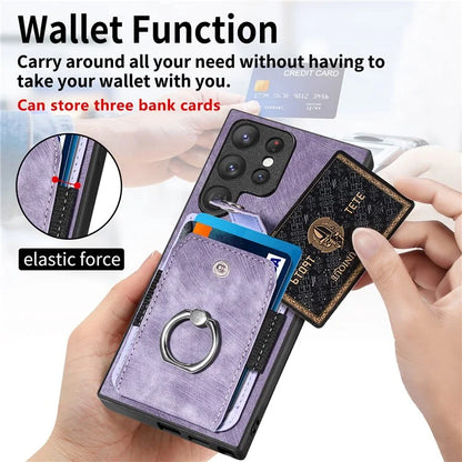 D2 For Samsung Galaxy S23 Ultra Elastic Card Holder Ring Kickstand Leather+TPU Phone Cover