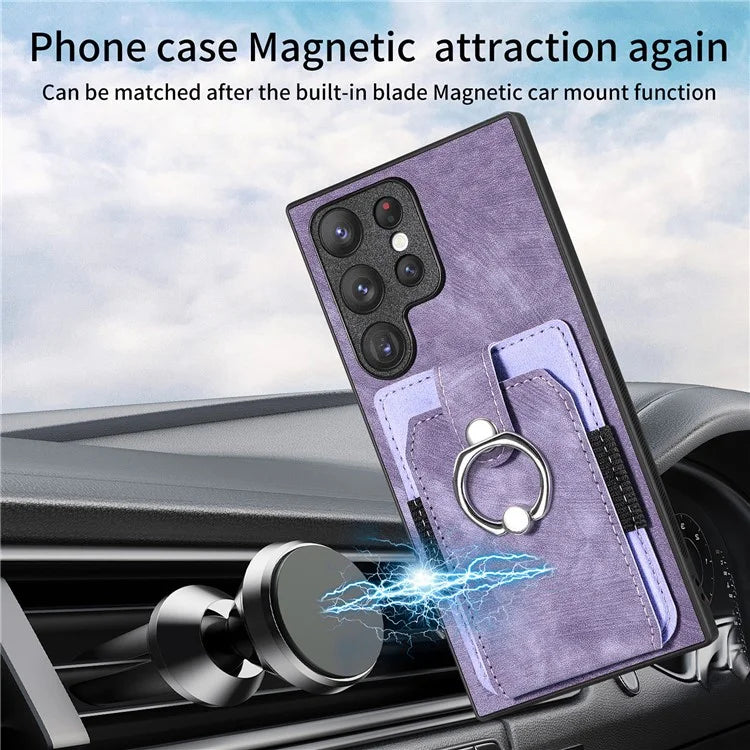 D2 For Samsung Galaxy S23 Ultra Elastic Card Holder Ring Kickstand Leather+TPU Phone Cover
