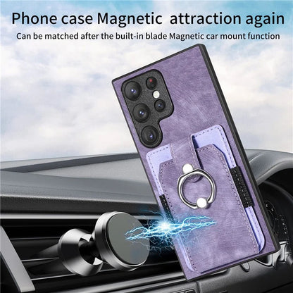 D2 For Samsung Galaxy S23 Ultra Elastic Card Holder Ring Kickstand Leather+TPU Phone Cover