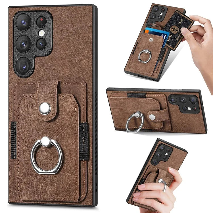 D2 For Samsung Galaxy S23 Ultra Elastic Card Holder Ring Kickstand Leather+TPU Phone Cover