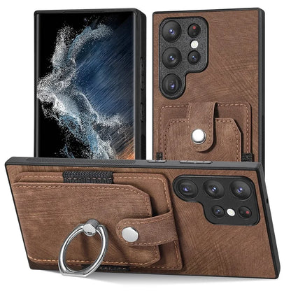 D2 For Samsung Galaxy S23 Ultra Elastic Card Holder Ring Kickstand Leather+TPU Phone Cover