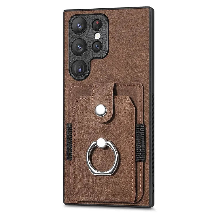 D2 For Samsung Galaxy S23 Ultra Elastic Card Holder Ring Kickstand Leather+TPU Phone Cover
